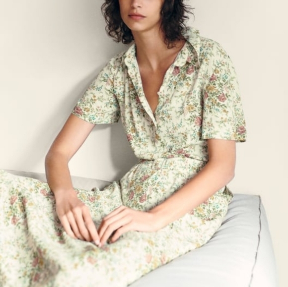 Zara Floral Floral Dress w Fabric Belt | Off-White Green Womans size M - Picture 4 of 15